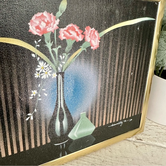 Vintage Airbrush Art Floral Vase Painting Gold Frame Carnation Flower Wall Hang - Picture 2 of 10